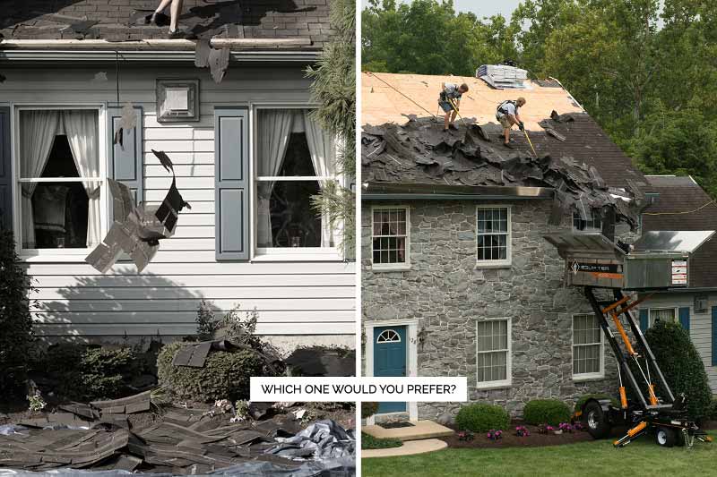 Split image of a residential roof replacement. Left image shows shingles falling to the yard. Right image shows shingles falling into an Equipter