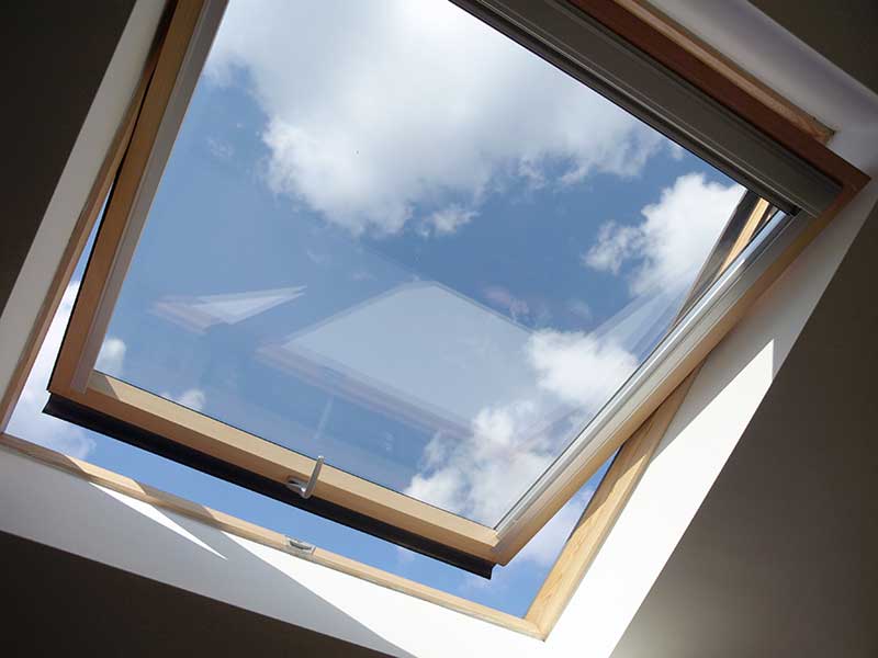 Inside view of a skylight that is slightly open