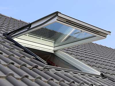 Outside view of a skylight that is completely open